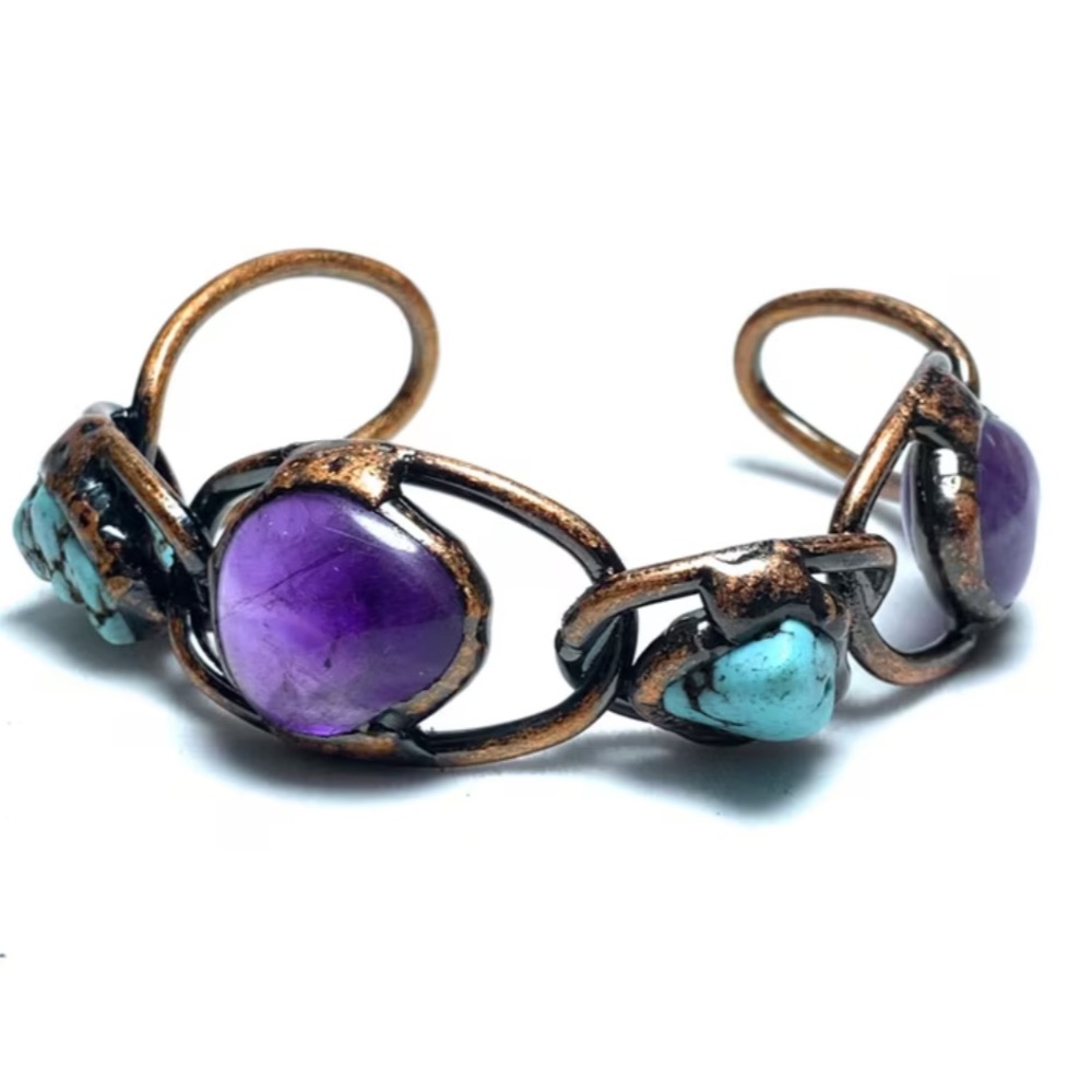 Turquoise and Amethyst bronze Bracelet - Picture 4 of 12